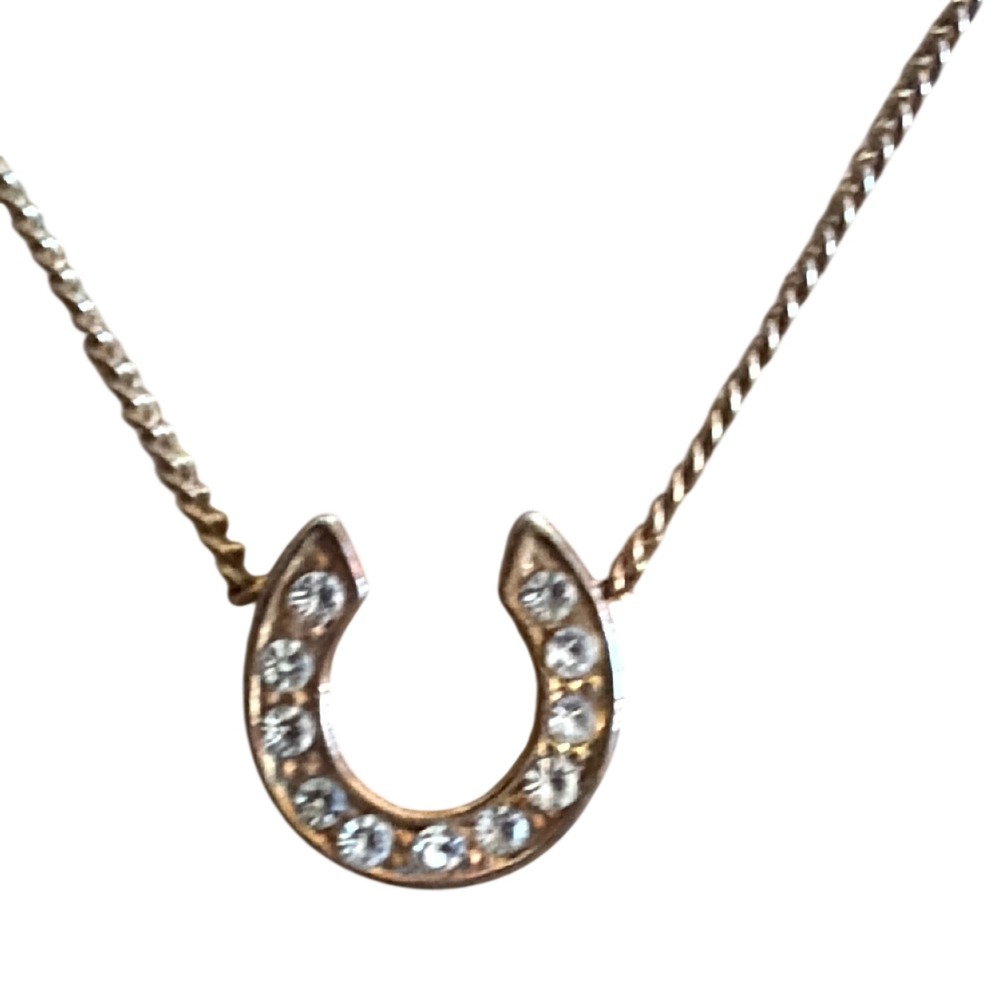 Gold Tone Horseshoe Pendant Necklace Clear Crystal Pavé Lucky Charm